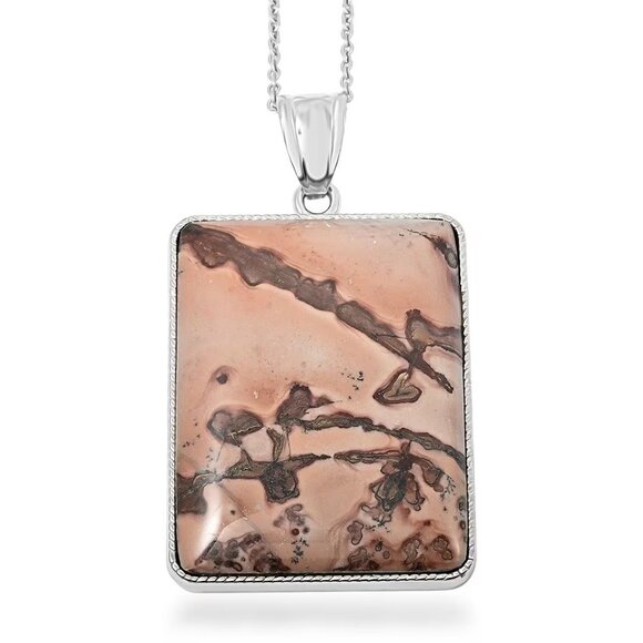 NEW Picture Jasper Gemstone Pendant Necklace in Silvertone 20 Inches - Picture 1 of 3